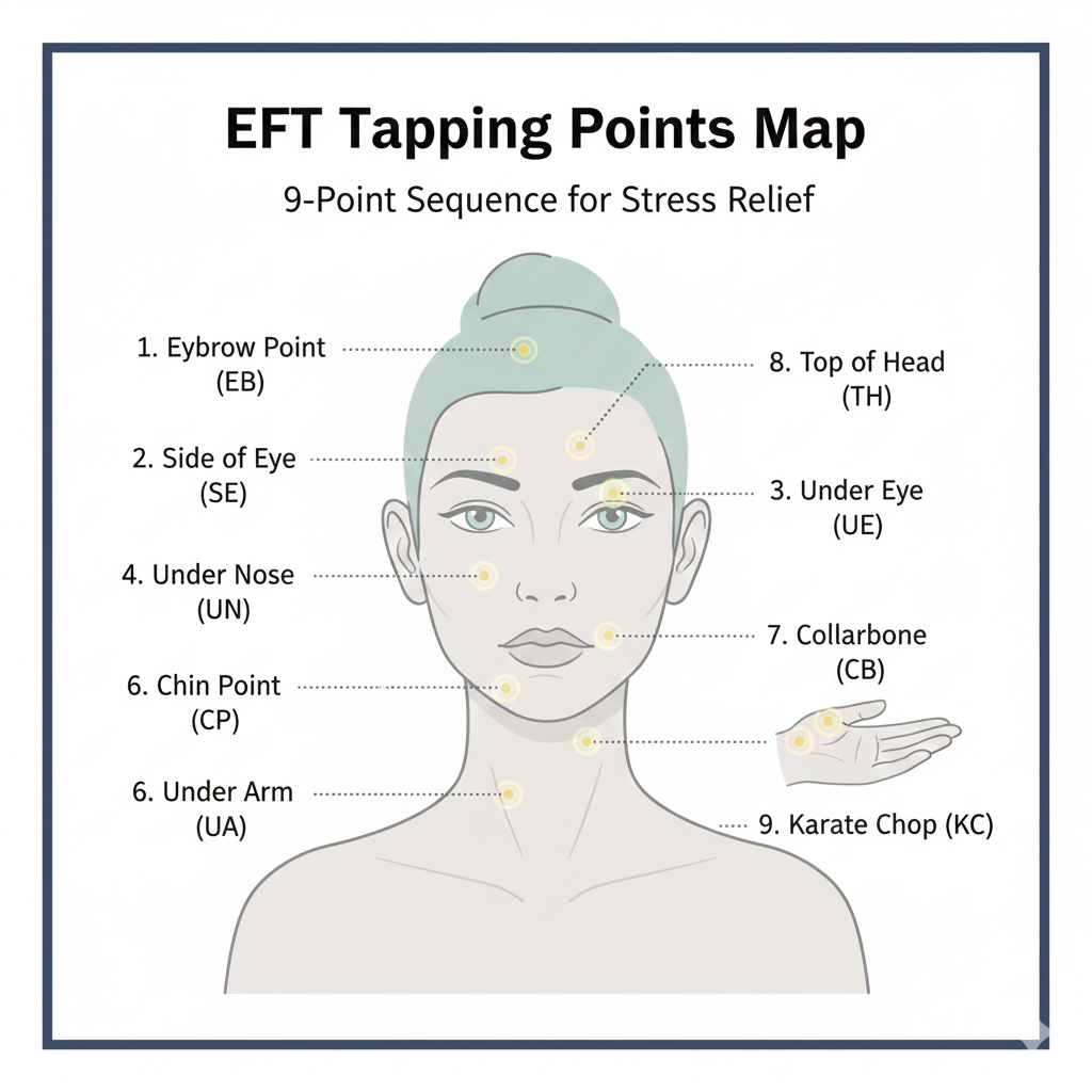 خريطة نقاط النقر التسعة في تقنية EFT Tapping على الوجه والجسم