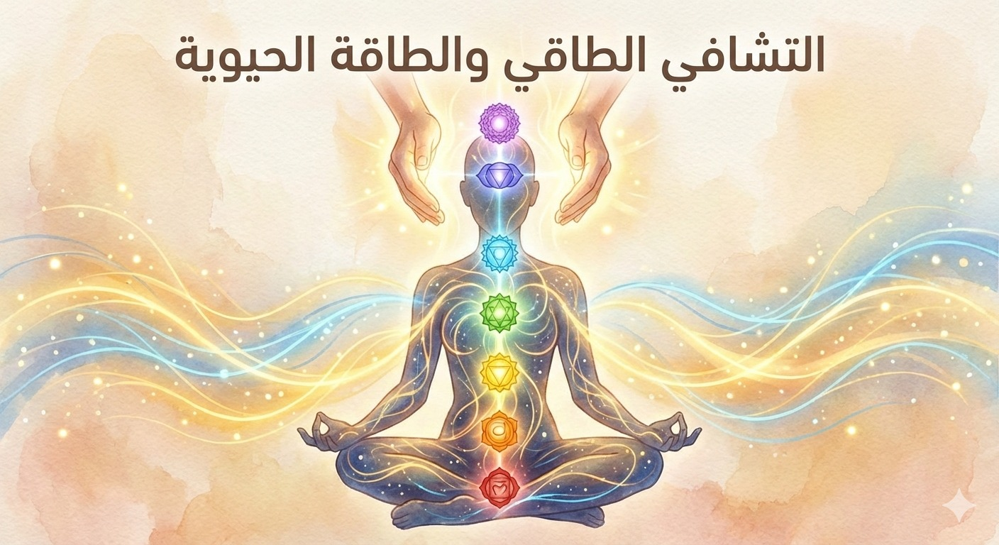 رسم توضيحي يشرح مفهوم التشافي الطاقي والطاقة الحيوية المتدفقة في جسم الإنسان مع الشاكرات السبعة